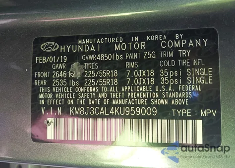 2019 Hyundai Tucson Sel z USA, uszkodzony, nr VIN KM8J3CAL4KU959009